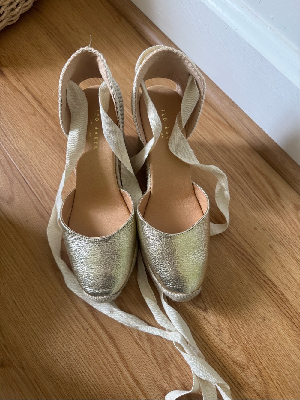 Ted Baker Gold Metallic Espadrille Wedge Ankle Tie Sandals - Picture 5 of 5